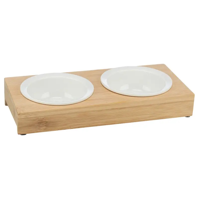 Gamela Dupla Em Ceramica Com Suporte Bambu 2x0,25lt/ø1 Trixie