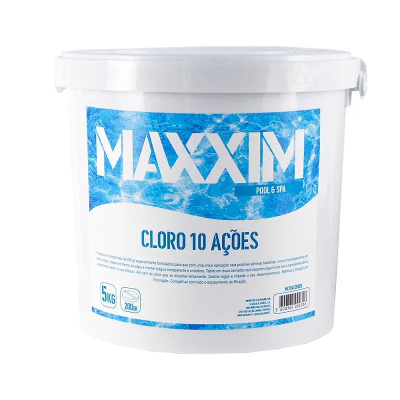 Cloro 10 Ações Tableta 200gr Bicapa 5Kg para Piscinas Maxxim Cloro 10 Ações Tableta 200gr Bicapa 5Kg para Piscinas Maxxim