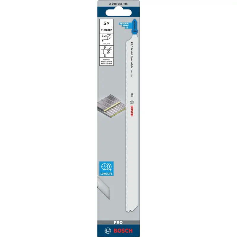 Lâmina de serra vertical PRO Metal Sandwich T1018AFP, 250 mm, 5 unid. 2608655115 Bosch Lâmina de serra vertical PRO Metal Sandwich T1018AFP, 250 mm, 5 unid. 2608655115 Bosch