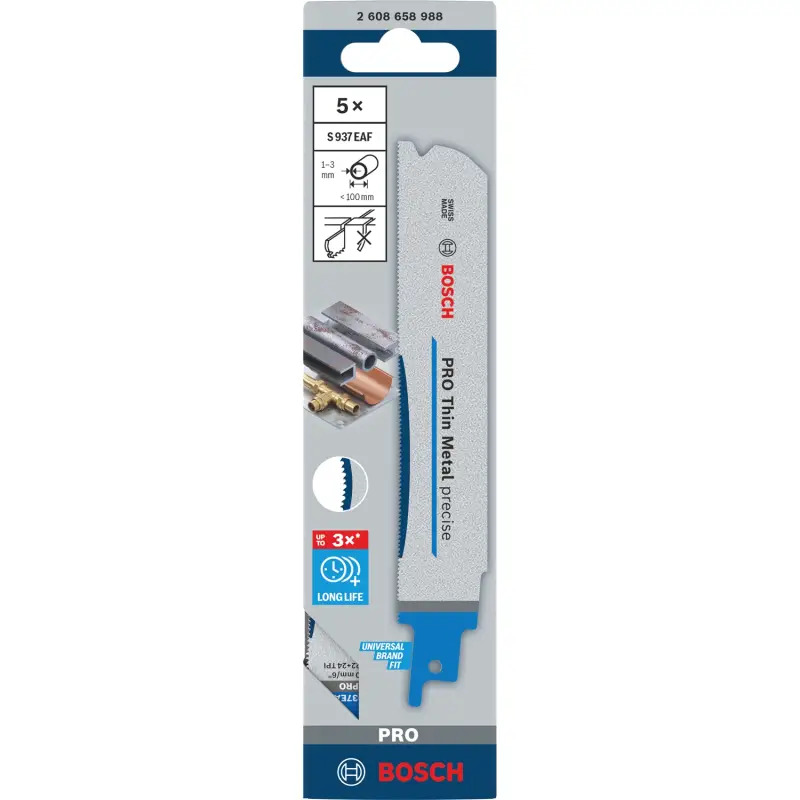 Lâmina PRO Thin Metal precise S937EAF, 1,1 x 25 x 150 mm, 5 peças 2608658988 Bosch Lâmina PRO Thin Metal precise S937EAF, 1,1 x 25 x 150 mm, 5 peças 2608658988 Bosch