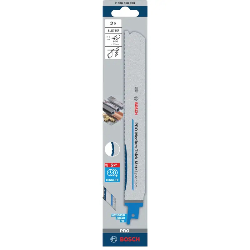Lâmina PRO Medium-Thick Metal precise S1137BEF, 1,1 x 25 x 225 mm, 2 peças 2608658993 Bosch Lâmina PRO Medium-Thick Metal precise S1137BEF, 1,1 x 25 x 225 mm, 2 peças 2608658993 Bosch