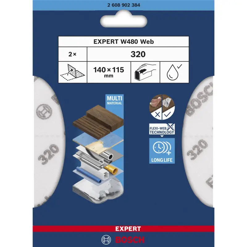 EXPERT W480 Web 1/4 Hand Sanding Sheet, 115 x 140 mm, G320 2608902384 Bosch