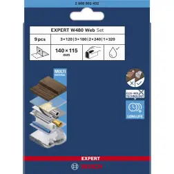 EXPERT W480 Web 1/4 Hand Sanding Sheet Set, 115 x 140 mm, G120 3x; G180 3x; G240 2x; G320 1x, 9 pcs 2608902432 Bosch - 12206836