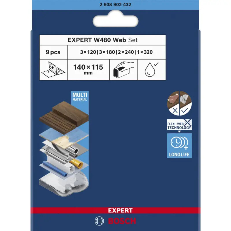 EXPERT W480 Web 1/4 Hand Sanding Sheet Set, 115 x 140 mm, G120 3x G180 3x G240 2x G320 1x, 9 pcs 2608902432 Bosch EXPERT W480 Web 1/4 Hand Sanding Sheet Set, 115 x 140 mm, G120 3x G180 3x G240 2x G320 1x, 9 pcs 2608902432 Bosch