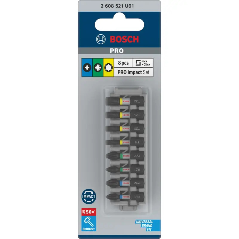 PRO Impact Mixed Pack, PH1 PH2 PZ1 PZ2 T15 T20 T25 T30, 25 mm, 8 unid. 2608521U61 Bosch