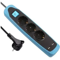 Bloco de 3 Tomadas + 2 Saídas USB 2mt com Interruptor Preto/Azul Electraline Electraline