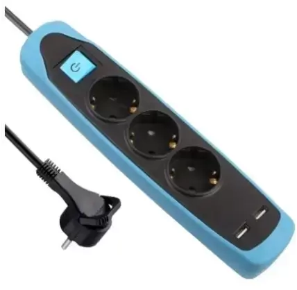 Bloco de 3 Tomadas + 2 Saídas USB 2mt com Interruptor Preto/Azul Electraline Electraline