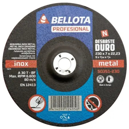 Disco Abrasivo 230x7x22,23mm para Rebarbar Inox  50351-230 Bellota Bellota