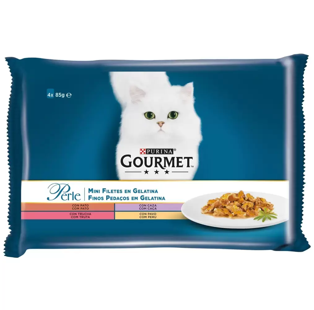 Ração Húmida para Gato Gourmet Perle Finos Pedaços em Gelatina 4x85gr Purina