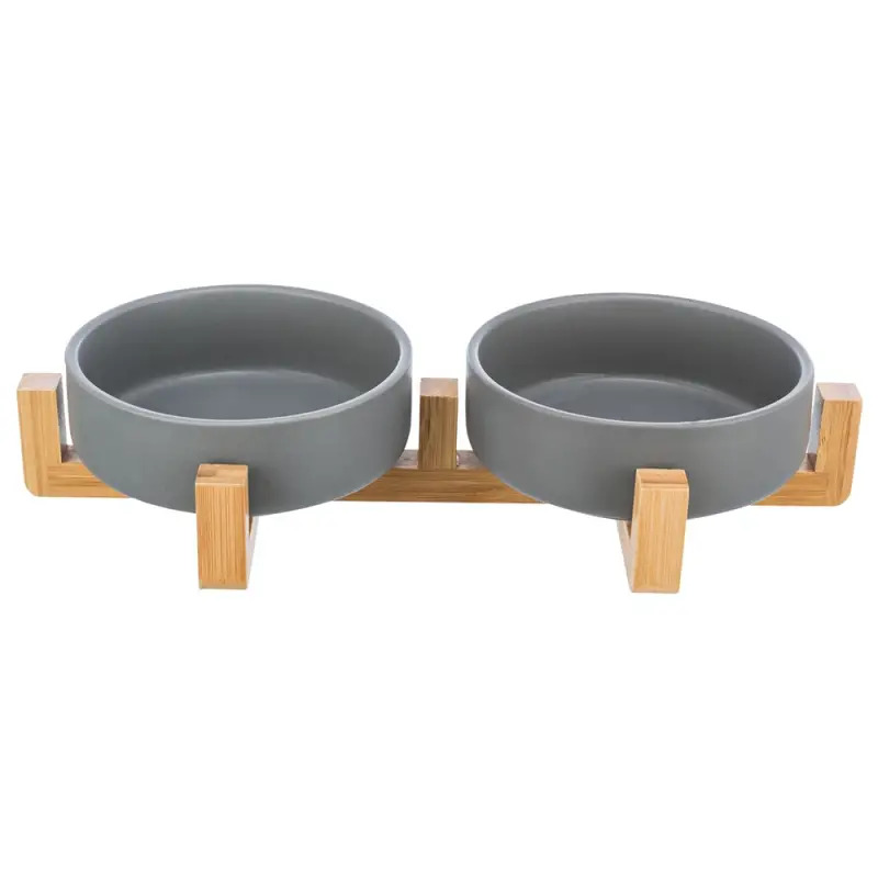 Suporte Em Madeira C/ 2 Gamelas Em Ceramica 0,3 Lt Trixie